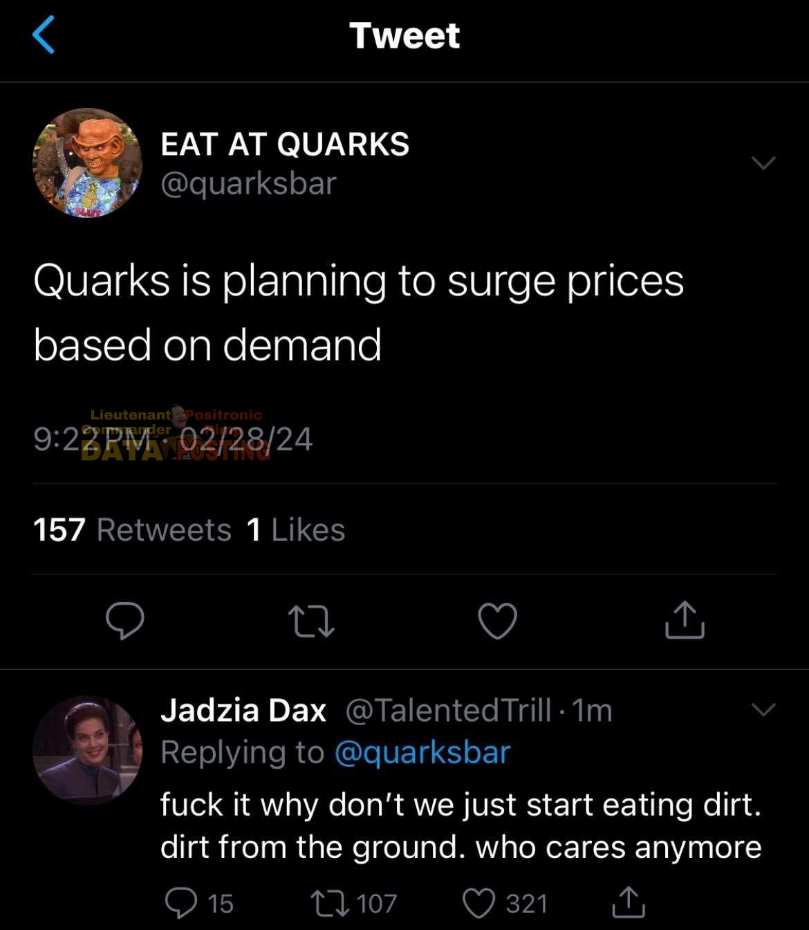 The meme is a screenshot of a Twitter conversation between two users, @jason , and @dant , discussing a fictional restaurant called "Quarks" that has a "2 for 1" deal on burgers. The conversation starts with @jason asking if the restaurant is still open, and @dant responds with a sarcastic comment about the restaurant's name being a play on words.